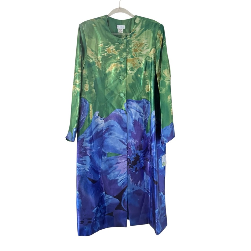 K. Jordan Maxi Coat & Dress Avant Garde Blue Green Floral Satin Set 16W - Picture 3 of 14